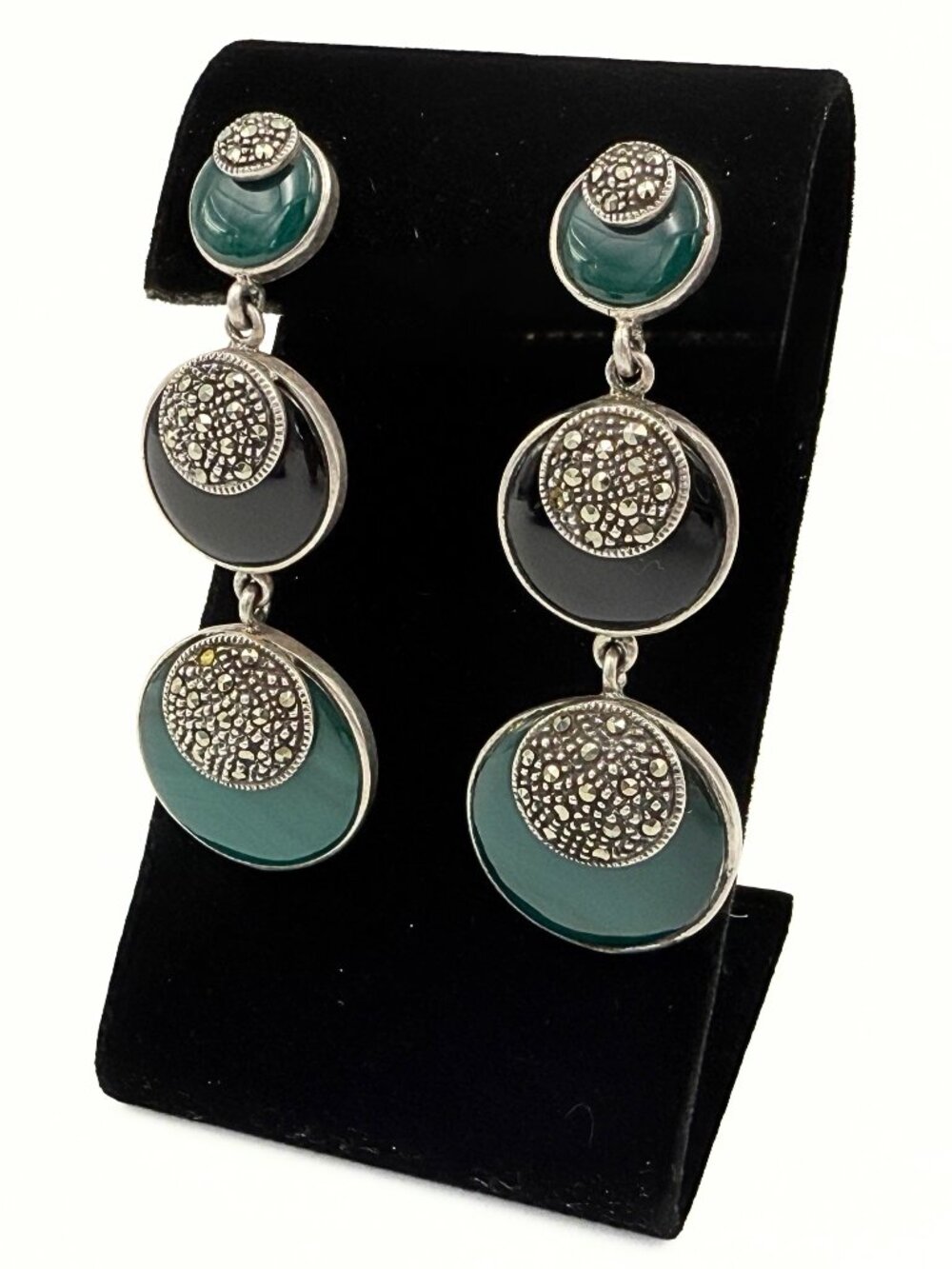 925 Sterling Silver Art Deco Black Onyx Chalcedony Long Dangle Drop Earrings